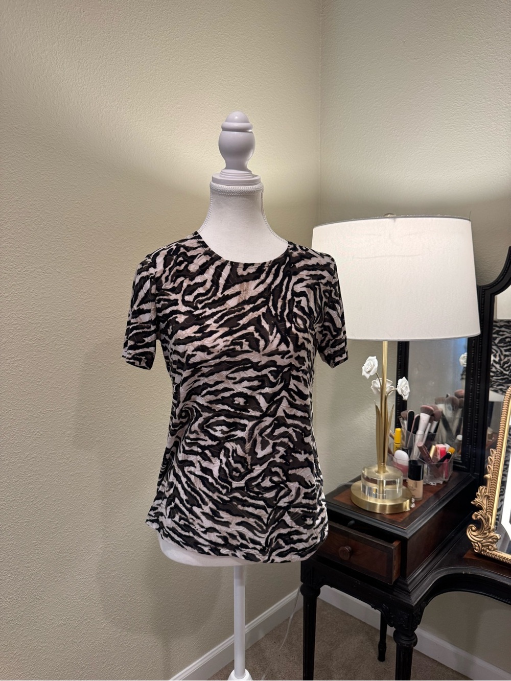 JM Collection Zebra-Print Short Sleeve Top - Black & Cream
